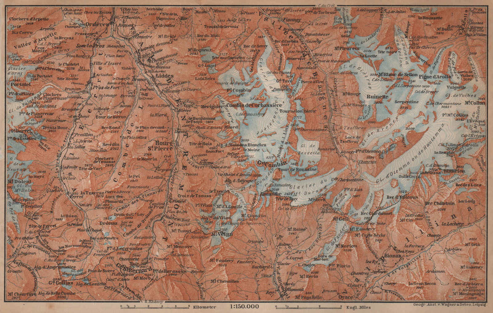GRAND ST BERNARD ENVIRONS Arolla Grand Combin Massif Orsières Mt Velan 1901 map